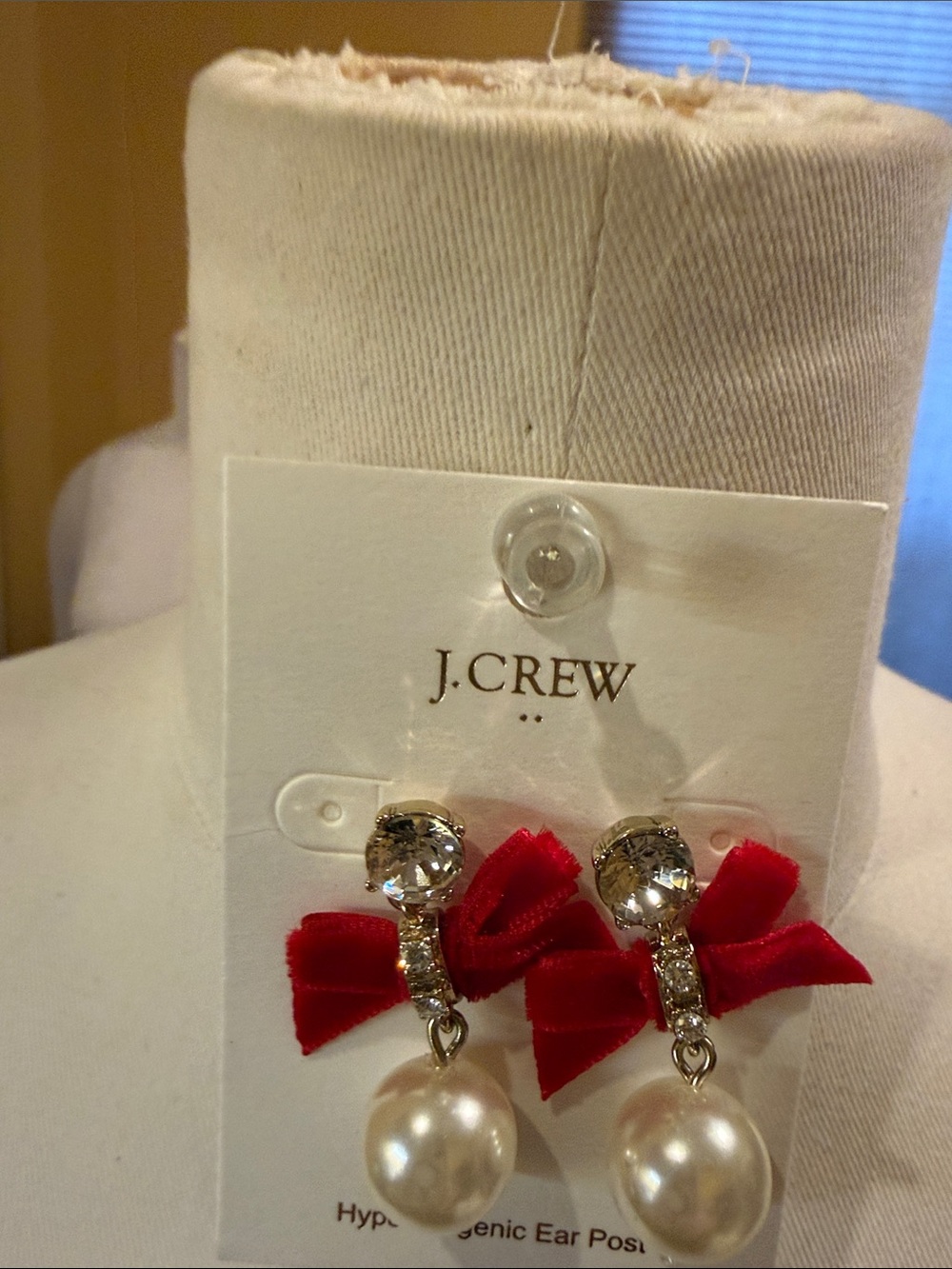 J. Crew Factory Red Velvet Bow Crystal Pearl Drop Earrings